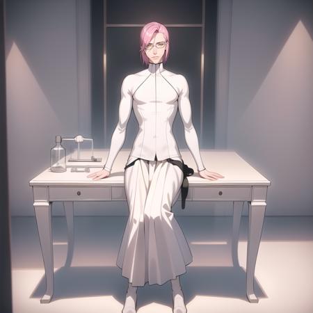 best quality, masterpiece, ultra detailed illustration, <lora:Szayelaporro3:0.8>, 1man, fullbody, young, slim, ((clean shaven)), Szayelaporro, white turtleneck, black strokes, white hakama, short hakama, boots, leggins, glasses, pink hair, yellow eyes, (perfect composition:1.4), deviantart hd, artstation hd, detailed face and body, detailed hands, 12k ultrarealistic, higtly detailed backgroud, in the laboratory, lab, scalpels, blood, syringe, test tubes, flasks , highres