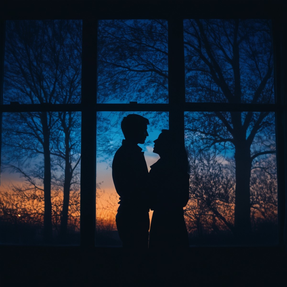 cinematic film still of  <lora:silhouette style v2:1>
A silhouette photo of a couple standing in front of a window at blue...