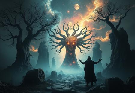 A universe inside a dark cloaked figure within mysterious landscape in an unfathomable realm of fantastic creation inhabited by ancient shadows of a forgotten time beyond the gate of the gateless gate where life is limitless, light is shadow and shadow is light, eerie sense, horror, spark of the beginning, existence and nonexistence at once, ethereal, outstretched arms, behold the end of the beginning, inglorious glory to the dark one, betrayal of the ancient order, beware the 7headed beast, destroyer of the old ways, bearer of the unbearable, nightmarish, archaic runes, tree aging backwards, breath of the gods, ruins of a place unimagined, extreme intricate detail, photorealistic, beyond epic scene, fate discarded, unseeable face of god, the end is the beginning, the beginning is the end, man arises as god dies, as above so below, as below so above, emerald tablet, thoth, guardian and saboteur of existence, hopeless hope, ghosts of the unborn, conception of the inconceivable, cosmic well of imperceptible perception, evil aura, infinite emptiness, pillars of void, overwhelming subtlety, abstract sacred geometry, beams of readiness without intention, gift of doom, despair of the ages, hidden secret warnings from dead gods, hand carved by the conductor of unholy loneliness with the sands of time incarnate, farewell her majesty of the most high, consumed by the night itself