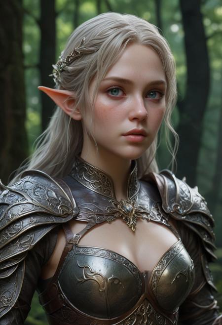 High resolution ultra-realistic of beautiful fantasy Warrior elf girl in Lord of the Rings style, very pale face, realistic tight iron armor, dark forest, perfect athletic figure, attractive full body, handsome pale wet sweaty face, beautiful perfect detailed pupils, wet oily shiny skin, beautiful firm Breasts, defiant and seductive, 8k resolution concept art portrait by Greg Rutkowski, Dark Ages, Artgerm, WLOP, Alphonse Mucha, hyperdetailed, intricately detailed, Splash art trend on Artstation triadic colors, Unreal Engine, 5 volumetric lighting, Cinematic Lighting, complex, smooth, sharp digital painting, Asymmetrical balance, hyperdetailed painting, dynamic lighting