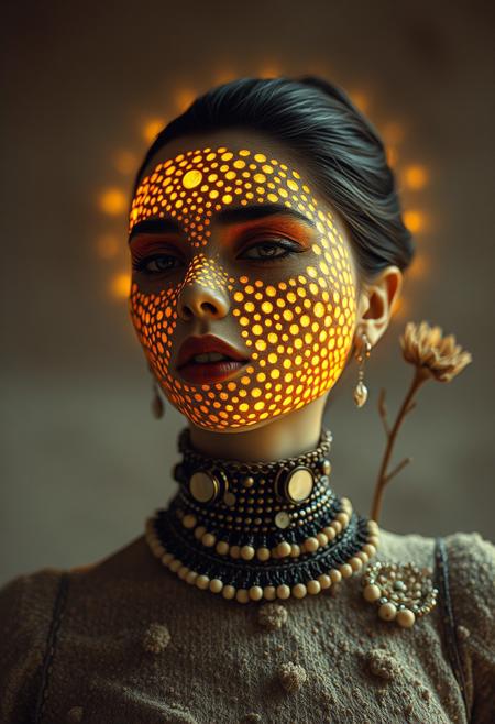 By Eric Lacombe By Patrice Murciano Frostpunk Fashion Photography, sand and siena, minimalism, smoked eye shadow, illuminated golden bulging biomorphic dot pattern, sands landscape, dry dead flowers, bokeh ashes, volumetric particle dust, powdered paint pigment, vivid color, misty aether houte - couture rococo metal  clothing, holga medium format camera, etherial lighting, backlighting, in the style of. . ., professional ominous concept art, by artgerm and greg rutkowski, an intricate, elegant, highly detailed digital painting, concept art, smooth, sharp focus, illustration, in the style of simon stalenhag, wayne barlowe, and igor kieryluk.