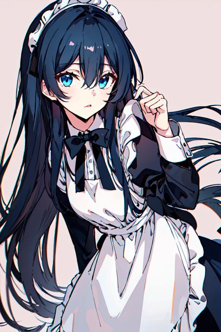 <lora:may:0.8>1girl, maid, long hair, blue eyes, apron, solo, maid headdress, looking at viewer, black hair, long sleeves, maid apron, bangs, white apron, bow, dress, puffy sleeves, hair between eyes