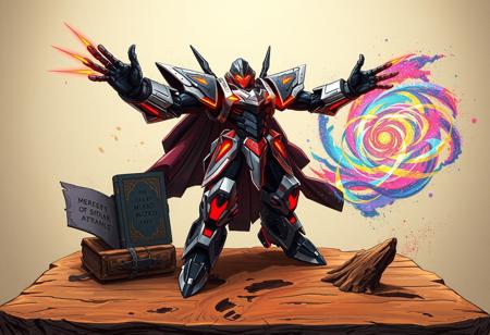 A dynamic fantasy illustration depicting the Galaxy Wizard robot in a powerful, action-ready pose, rendered with a dramatic splash ink illustration style. The robot, gleaming with black and silver armor, vibrant red and yellow energy accents, and an intense red visor, stands majestically on an ancient, gnarled wooden tabletop. Its outstretched arms pulse with latent energy. To its left, a shadowy, arcane grimoire, its contents unknown, glows faintly with mystical runes. To its right, a swirling vortex of multi-colored cosmic dust, hinting at an unknown device, shimmers with harmonious colors. The backdrop is a simple beige wall, subtly transformed into an ethereal, starlit canvas with elements of a beautiful matte painting. This piece embodies a powerful message and a joyful impact through its vivid emotions. Achieved with a creative angle and a balanced editing, this piece showcases a Grammer Effect Style, trending on CGSociety and Artstation, with stunning, multi-colored hues and a golden ratio composition.