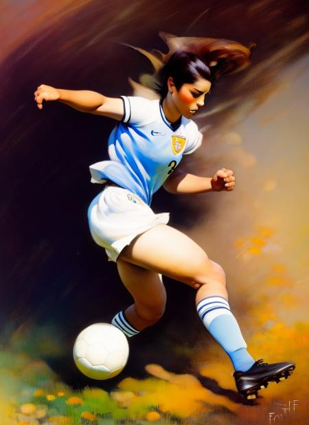 a painting, by Frank Frazetta; a young woman, playing soccer, in a field, outside