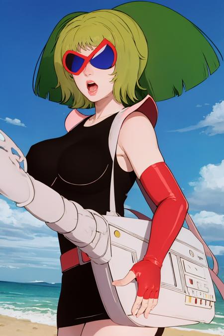 (masterpiece, best quality:1.2), <lora:melodia_(silverhawks):1>, melodia (silverhawks), 1girl, solo, green hair, fingerless gloves, gloves, breasts, dress, large breasts, belt, elbow gloves, colored skin, sunglasses, open mouth, sunset, water, beach, outdoors