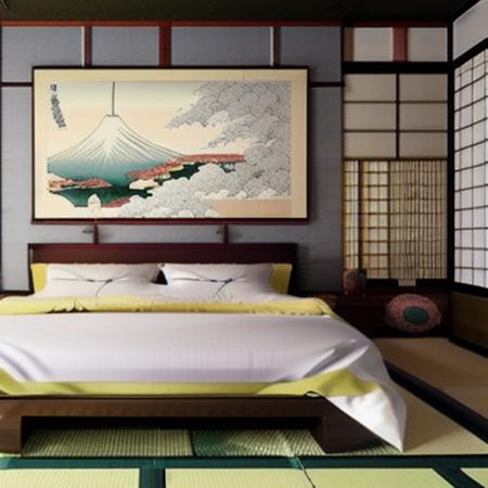 <lora:Japanese style bedroom_2:1> Japanese style bedroom with a large painting on the wall and a bed with a colorful comforter and pillows on it