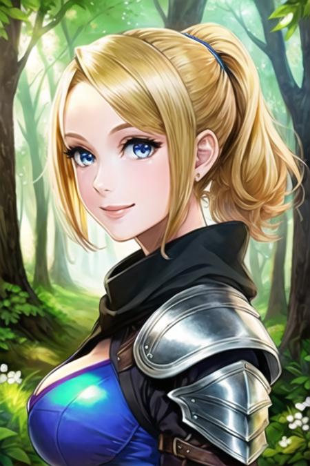 1girl, samus aran, ((highly detailed eyes)), vanillaware-32900, intricate details, round pupils,  detailed pupils, modelshoot style, blonde hair, (blue eyes), ponytail, ((portrait)), ((armor)), looking at viewer, smile, short hair, soft lighting, trees, forest, samdoesart, medieval town