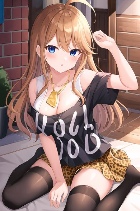 masterpiece, best quality, ultra-detailed, illustration, 1girl, tokoro megumi, large breasts, brown hair, long hair, ahoge, blue eyes, black shirt, clothes writing, off shoulder, skirt, leopard print, necktie, black thighhighs, wariza, camp <lora:brj-megumi-v1:1> <lora:GoodHands-beta2:1>