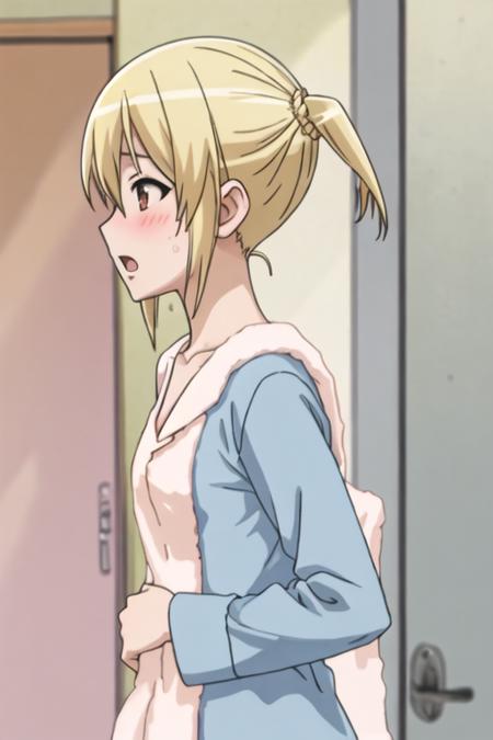 best quality, masterpiece, highres, solo, {otosuna_mihari_mangakasantoassistantsanto:1.15}, blonde_hair, short_hair, open_mouth, brown_eyes, red_eyes, 1girl, blush, towel, pajamas, collarbone, profile, towel_around_neck