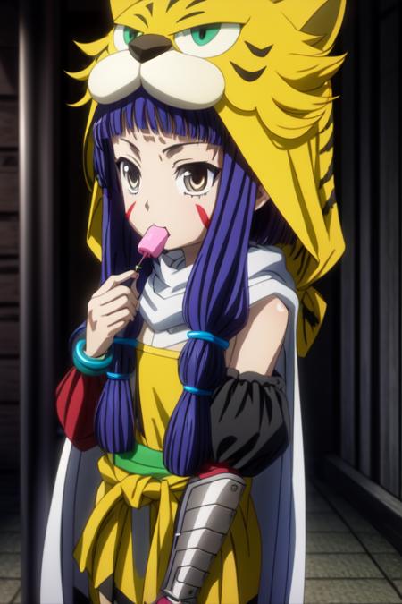 masterpiece, best quality, ultra-detailed, indoors, <lyco:sagara_youchien-000140:0.7>, maeda inuchiyo, 1girl, solo, food, bracelet, umbrella, eating, popsicle, anime coloring, long hair, animal hood, cloak, detached sleeves, gauntlets, yellow shirt