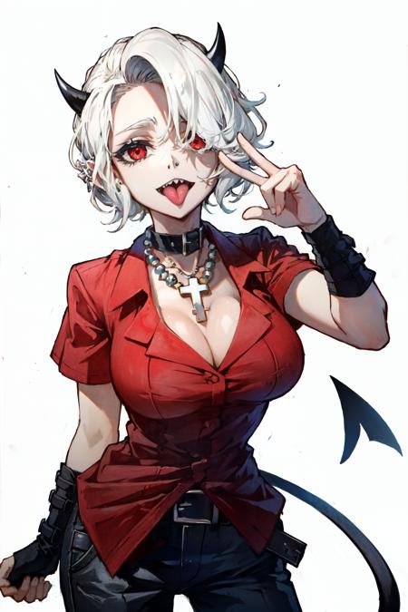 zdrada(helltaker), solo, short hair, demon girl, black horns, cleavage, 1girl, open mouth, jewelry, piercing, gloves, demon horns, red eyes, white background, black pants, tongue piercing, cross, cross necklace, tongue out, sharp teeth, looking at viewer, white hair, tongue, belt, pants, demon tail, shirt, large breasts, fingerless gloves, tail, horns, choker, teeth, necklace, red shirt 