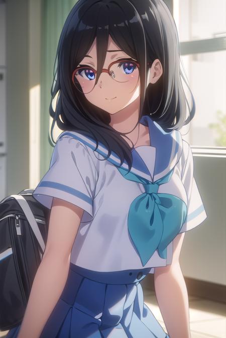 asukatanaka, <lora:asuka tanaka s2-lora-nochekaiser:1>,
asuka tanaka, long hair, black hair, blue eyes, glasses, semi-rimless eyewear, red-framed eyewear, over-rim eyewear, hair between eyes, smile,
BREAK skirt, shirt, school uniform, white shirt, short sleeves, pleated skirt, serafuku, sailor collar, blue skirt, neckerchief, blue sailor collar, school bag, green neckerchief, kitauji high school uniform,
BREAK indoors, classroom,
BREAK looking at viewer, (cowboy shot:1.5),
BREAK <lyco:GoodHands-beta2:1>, (masterpiece:1.2), best quality, high resolution, unity 8k wallpaper, (illustration:0.8), (beautiful detailed eyes:1.6), extremely detailed face, perfect lighting, extremely detailed CG, (perfect hands, perfect anatomy),