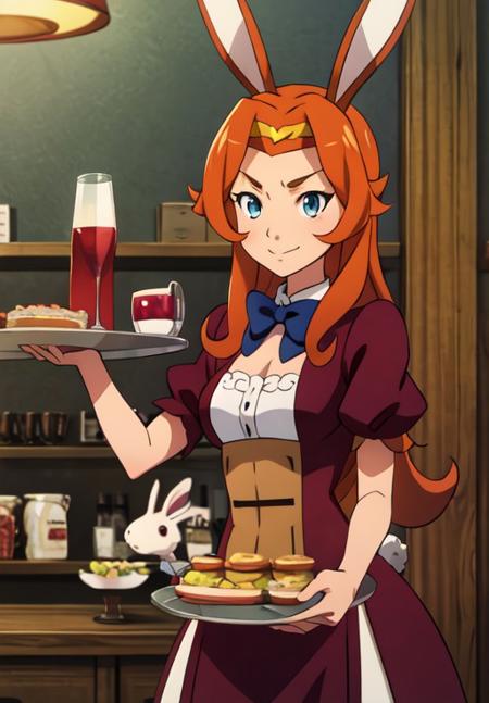 <lora:gate_d:0.8>, gate_d, rabbit girl, tavern, tray, serving