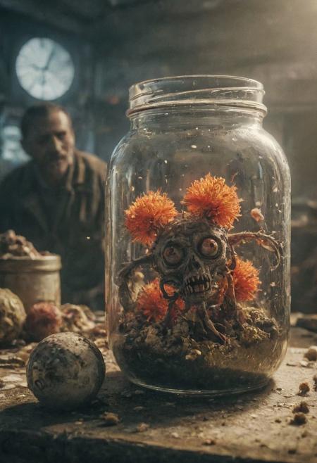 (a jar with an organic virus, laboratory biohazard in the background). As the aids hiv virus mutated with covid, it created a new zombie virus similar to the T-virus. This new virus, called the C-virus, makes people like gore, clowns, colorful things, aliens, feminization and vampire demons, etc. This makes people believe that cosmic horrors are real, however, they are just zombies of consumerism, resident evil in the style of David Cronenberg.
Wide range of colors., Dramatic,Dynamic,Cinematic,Sharp details Insane quality. Insane resolution. Insane details. Masterpiece. 32k resolution.
<lora:add-detail-xl:0.95> <lora:dvr-lnds-sdxl:0.3> dvr-lnds-sdxl <lora:MJ52:0.25> <lora:ral-apoctvisn-sdxl:0.3> ral-apoctvisn <lora:zavy-cntrst-sdxl:0.35> dark, chiaroscuro, low-key <lora:zavy-rmlght-sdxl:0.41> zavy-rmlght <lora:SDXLFaeTastic2400:0.225>