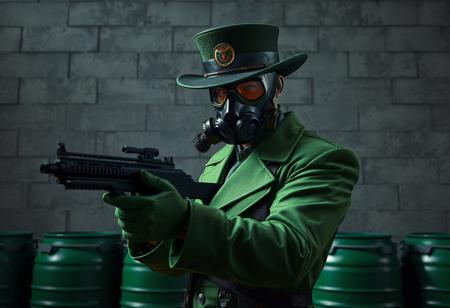 Nightmare Magician, green uniform, black cap, concrete wall backdrop, gas mask, green barrels. Armed, black gun, poised. Cinematic, volumetric lighting, dramatic composition, trending on Artstation, Unreal Engine 5, octane render, hyperdetailed, intricate, vibrant colors, masterpiece.