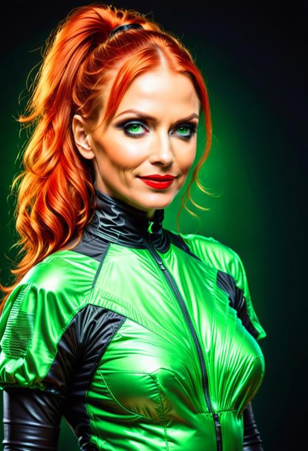 Necron, electricity, green glow, green theme, (red:1.6), (close up:1.6), Stable_Yogis_PDXL_Positives, (Victorian blouse), Realism_Quality_2xx_By_Stable_Yogi, (anatomically correct:1.6), photo, photo_realistic, 1girl, mature_woman, European, 27 years old, parted_lips, choker, seductive smile, sultry, serious stare, stern look, close-up, eye shadow, makeup, milf, mature female, pureerosface_v1, Expressiveh, intricate_details_xl, natural skin, realistic, hands out of view, red lipstick, makeup, Influencers Deluxe_Lara_Lang, long ponytail, streaked hair, Orange hair, black streaks in her hair, long side bangs, black highlights in bangs, thick lips, mega ponytail, big hair, tall, natural blue eyes, high neck closure, fitness body, toned muscles, high cheekbones, solo, (fully dressed:2), high turtle neck, outdoors, (hands hidden:1.7), short sleeves, closed dress, high neck closure, gentle smile, closed mouth, short puffy sleeves, laboratory, big fluffy hair in all directions.
