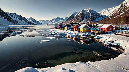 RAW photo,(masterpiece:1.3),subsurface scattering,heavy shadow,(high quality:1.4),(intricate, high detail:1.2),professional photography,HDR,High Dynamic Range,realistic,ultra realistic,photorealistic,high resolution,film photography,ambient lighting,atmospheric effects,OverallDetail,Ice,a small Inuit village with a harbor,frozen lake,vivi,epiCPhoto,<lora:SCHH:0.65> SCHH\(style\),sceneryãmountainãskyãnatureãsnowãtreeãoutdoorsãbeachãwatercraftãrockãwaterfall, pineãlandscapeãFrozen lake surfaceãwinding roadãstream,, (Masterpiece, Top Quality, Best Quality, Official Art: 1.2), Rich Colors, Maximum Details, (HDR, UHD, 8K), Highly Detailed, Physically Based Rendering, Professional, Complex Details, Very High Resolution, Max. Best colors, high resolution textures, best image quality,