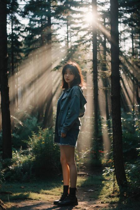 Best Quality,Masterpiece,Ultra High Resolution,(Realisticity:1.4),Original Photo,Cinematic Lighting,
1Girl,<lora:Tyndall effect-Light:0.6>,full body,light through the trees,