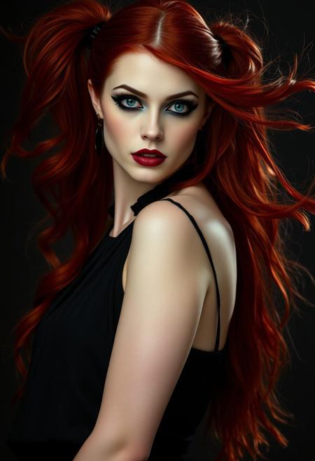 A stunning 25-year-old woman with flowing red hair styled in twin loose high pigtails, exudes a dark, gothic aesthetic. Her pale skin is contrasted by dramatic dark eye makeup, smudged black eyeliner, and a deep, matte lipstick. She wears a flowing, elegant gothic dress that accentuates her curves. With a sensual yet dominant gaze, she steps forward, inviting the viewer into her world of darkness and allure.