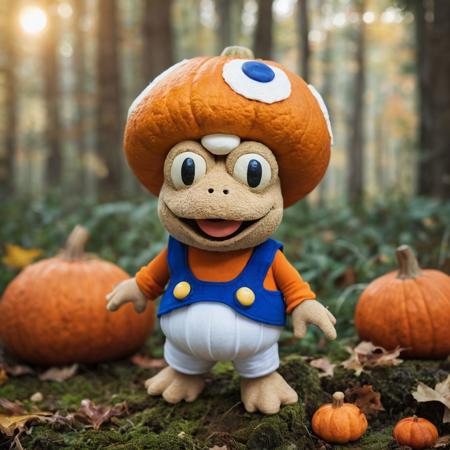 toad from supermario with a pampmpkn head made out of pumpkin. he is wearing a blue vest and a white shorts. he is in  a mushroom forest with autumn decoration in the background, cozy feeling