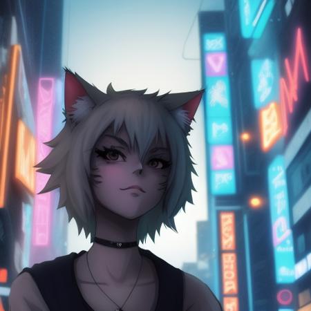 kari byron person cat anime girl in photo real cyberpunk city, dynamic lighiting, cute face, black eyes