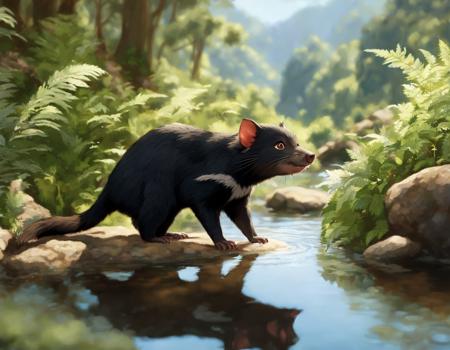 cartoon realistic cute tasmanian devil drinking water, sunny day, noon,ferns, by the river, tasmanian outdoors, outback in the style of Studio Ghibli Style, intricate, elegant, highly detailed, digital painting, artstation, concept art, matte, sharp focus, illustration, art by Artgerm and Greg Rutkowski and Alphonse Mucha”