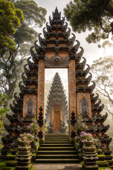 landscape, baligapura gate, stone statue, wall stone, village, stone stairs, detailed, ornament, bali, tree, grass, flower, frangipani flower tree, epic, dawn, fog, dramatic lighting, dim light, bokeh, <lora:ARWBaliGapura:1>  <lora:epi_noiseoffset2:0.4> advntr