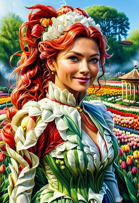 jaynl-tm, 1girl, (European female:2), score_9, score_8_up, score_7_up, score_6_up, score_5_up, score_4_up, UHD, 8K, masterpiece, detailed, ultra_high_resolution, lots of detail, OverallDetailXL, detailxl, ADD-DETAIL-XL, regalres, Masterpiece, 32k, photorealistic:1.4, female, tall, small waist, toned muscles, wide hips, slender legs, high cheekbones, oval face, 32 years old, mature female, makeup, pretty face, Merger_mari_parox, closed clothes, high neck closure, fully dressed, DV_S2_La_Texia_Vicious, Victorian dress made of tulips, (high closure dress), (garden made of tulips:1.6), (tulips:1.3), Kelly Hu , muscular body, long ponytail, red streaks in hair, thick lips, mega ponytail, big hair, wrinkles, smiling, long hair, blue eyes, (white:2.5), fully dressed, PG rating.