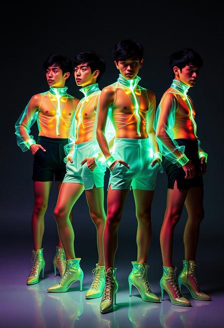 4 asian  Male models  , all identical but in different stances , crystallisation, schizophernia, bioluminescent Jem the Hologram, surreal psychedelic flowing avant-garde art by Yoh Nagao and Erik Madigan Heck and Alan Aldridge, 1980's new wave totally radical fashion.,side view, side eye, slot skirts , high heels.  Athletic