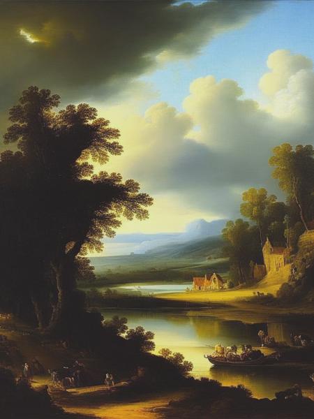 <lyco:SalomonvanRuysdael:1.0> A painting of a landscape in the style of Rembrandt