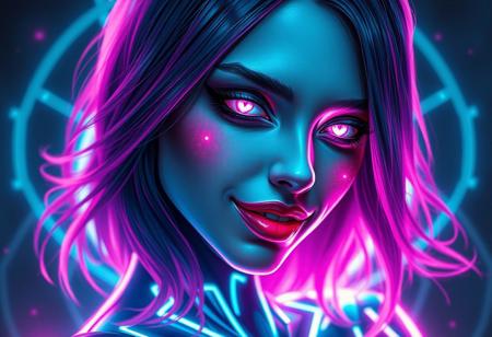 A gorgeous woman with a luminous digital aura lighting up the darkness, the ethereal figure of a digital painting evocative of a distorted human figure with vibrant neon eyes, (glowing eyes:1.1), heart shaped face, macabre appearance and a cunning smile. Vibrant hair. This stunning image is a digital painting, meticulously created with vibrant colors and striking details. Her sleek, futuristic design exudes a sense of otherworldly beauty, with glowing neon accents that seem to pulse with energy. Every pixel is carefully rendered, capturing the character's mysterious and alluring presence in exquisite detail. This mesmerizing image invites viewers to get lost in a dreamlike realm of imagination and technology. ((glowing neon lipstick)), masterpiece, highly detailed, harmonious colors, ((half body angle:1.5))