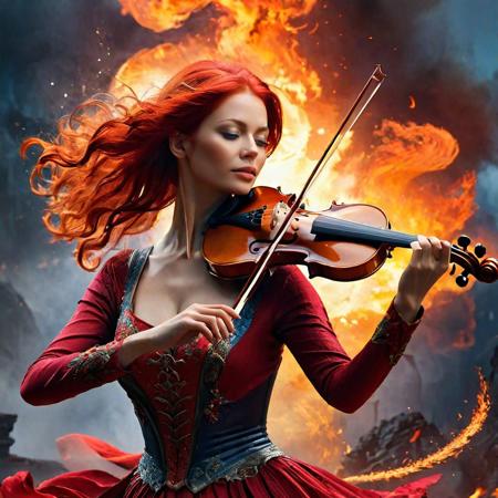 a woman with red hair playing a violin, (hand on the stick:1.3,1stick, fantasy art, amazing fire art, [[fantasy]], music album cover, avatar image, absolutely outstanding, in swirling harmony, breathtaking masterpiece of art, fantastic artstyle, album artwork","detailed matte painting, deep color, fantastical, intricate detail, splash screen, complementary colors, fantasy concept art, 8k resolution trending on Artstation Unreal Engine 5","Hyperrealistic, splash art, concept art, mid shot, intricately detailed, color depth, dramatic, 2/3 face angle, side light, colorful background".