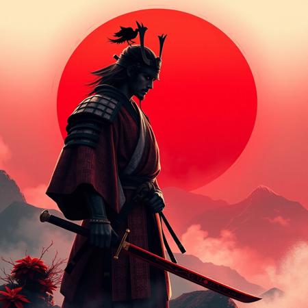 a samurai is standing on a mountain, the sun is red, super focus on male, the samurai is holding a sword in the right hand, , superrealistic