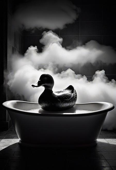 Classic rubber bathtub duck perched atop open philosophy tome, existential ennui etched on its features, staring wistfully into middle distance, surrounded by cloudy vapor representing deep introspection, dramatic chiaroscuro lighting
