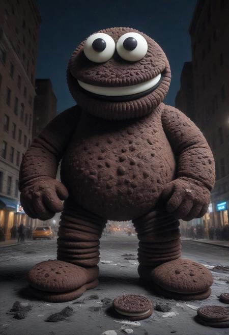 A gigantic Cookie Monster made of creamy cookies stomping through New York City at night, destruction, debris