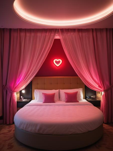 <lora:JJsLoveHotel_XL:.5> ((Love Hotel)) ,realistic, best quality, masterpiece , ((soft lighting)), heart, silk, reflection,night, mirror, window, curtains, ((a romantic scene))  ,RAW photo, (high detailed), dslr, high quality, (ultra realistic), Fujifilm XT3, ceiling light, dramatic lighting,shape of heart, neon light,bed, lightbulb, curvy ceiling, transparent curtain,  pink light, circular bed, kiss,