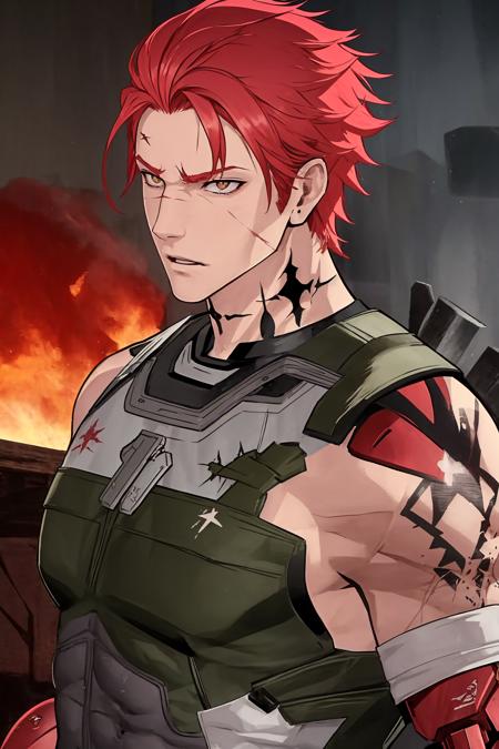 noctis,red hair,neck star\(symbol\) tattoo,arm tattoo,scar on face,single mechanical arm,1boy,masterpiece, best quality,  <lora:noctis:1>