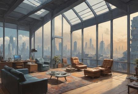 linquivera, liiv1, on parchment, style of ((Ralph McQuarrie and Syd Mead)), a digital painting depicting a mid-century office view from the inside looking outside. Large glass windows from floor to ceiling. 
Bright light vector art illustrations. Modern office with large windows, lots of wood, ((glass windows floor to ceiling)), ((Sharp angled ceiling with exposed wood beams)) in a typical mid century style. creating an indoor-outdoor living feel. Sharp angled ceiling, providing a dynamic, asymmetrical look, ((one Solo guy in T-shirt working on laptop)), Flat vector art, art, office space, inside looking outside, retro designer type guy, a 1950’s pulp magazine cover art. in the style of minimal retouching, 
 The city around it is composed of tall, slender buildings with (cyberpunk-style architecture), featuring protruding structures and neon lights. In the hazy sky, (airships or futuristic vehicles) float above, hinting at advanced technology and a busy urban atmosphere. The color palette is predominantly (desaturated tones of beige and blue), 
with bright colored foreground subjects, with the scene set against a backdrop of what could be a smog-filled sky, creating a sense of depth and scale. The artwork combines elements of nostalgia with speculative future technologies, presenting a visually rich, sci-fi environment.