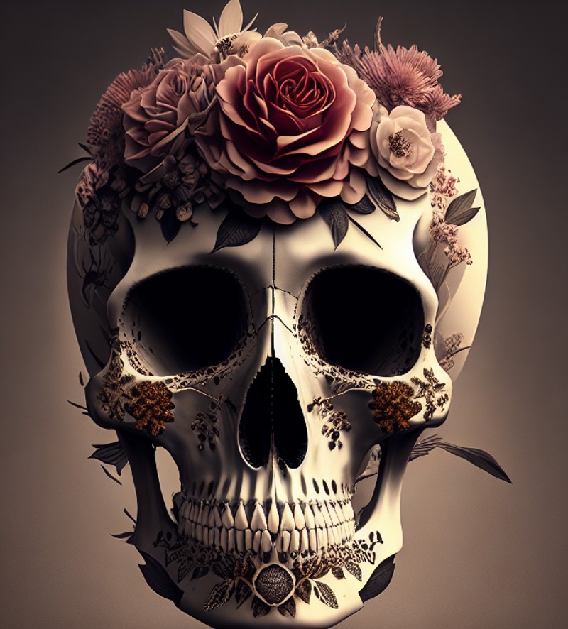 Floral Decorated Skull, low key lighting, Dark background, Detailed, macabre, art by dali, surrealist, Digital painting, S...