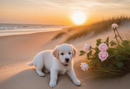 puppy flower bloom on a dune covered with grass. Their delicate petals contrast with the severity of the sandy beach and the wildness of the ocean. The photo exudes peace and beauty of nature. Possible tags: sunset, 
sea, 
beach, 
roses, 
nature, 
landscape, 
romanticism, 
peace, 
vacation, 
travel.