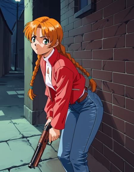 jota, green eyes, orange hair, twin braids, white shirt, short sleeves, blue corset, pink skirt, retro artstyle