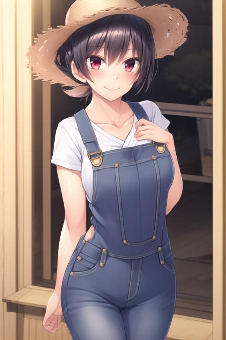 (masterpiece), high quality, detailed background 1girl, solo,
<lora:1room-v1-02:0.8>, Chopio1room, black hair, long hair, ponytail, hair between eyes, red eyes, (blush:1.2), looking at viewer, 
[medium breasts : large breasts : 15]
white shirt, denim dungarees, black boots, straw hat, farm, japanese rice farm, sun, smile, sun, sun sparkles, sun diffraction, sun beams, denim shorts, bare legs,