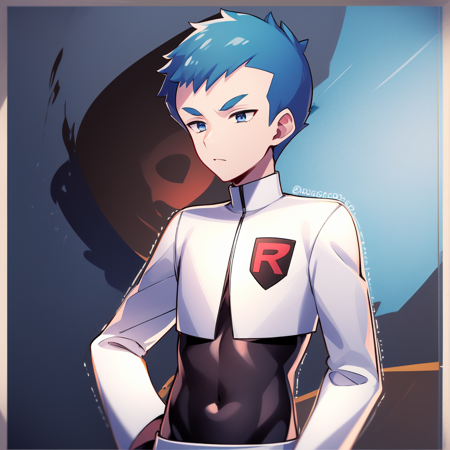 ,1boy, blue hair, very short hair, blue eyes, long sleeves, black shirt, white jacket, white pants, 