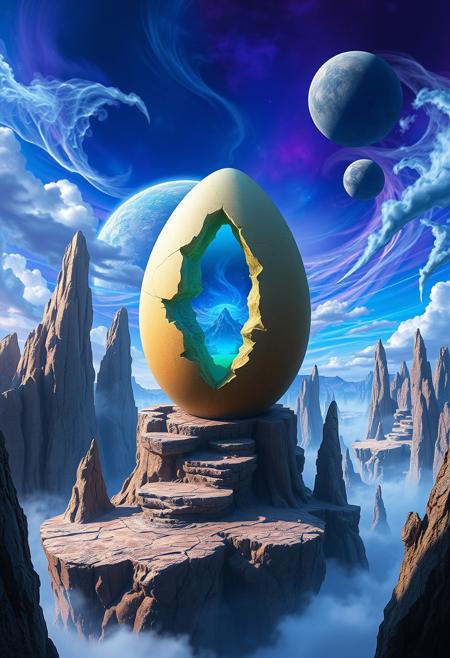 Digital fantasy artwork featuring a surreal landscape with a central focus on a large, cracked egg-shaped structure positioned on a series of stone platforms, surrounded by jagged, towering rock formations. Inside the egg, a glowing blue and green world is visible. The sky is a vibrant mix of blues and purples, with planets and moons, hovering in the background. The overall composition is dynamic, with a sense of depth and otherworldliness, enhanced by swirling clouds and ethereal lighting effects. The image evokes a sense of mystery and wonder, typical of science fiction and fantasy genres.