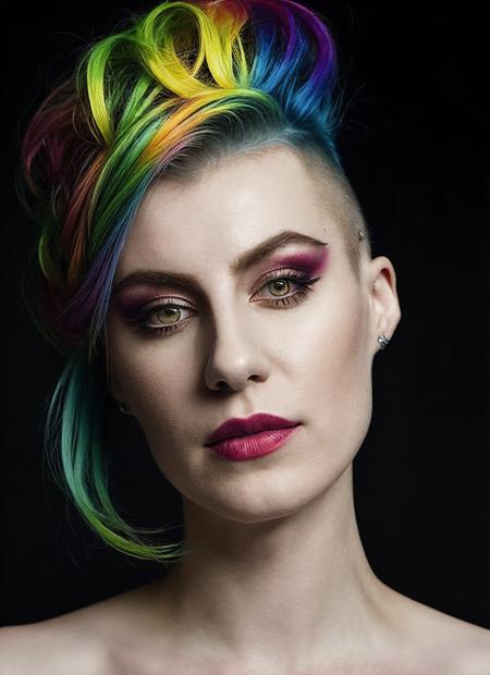 portrait of sks woman by Flora Borsi, style by Flora Borsi, bold, bright colours, rainbow Mohawk haircut, ((Flora Borsi)), <lora:locon_cbg_v1_from_v1_64_32:1>