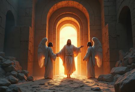 Jesus Christ Resurrecting from the dead, Two Angel Guarding the Entrance of the tomb and the tomb's door on the ground broken in pieces, Christian Resurrections of Jesus Christ Aesthetic, detailed matte painting, deep color, fantastical, intricate detail, splash screen, complementary colors, fantasy concept art, 8k resolution trending on Artstation Unreal Engine 5