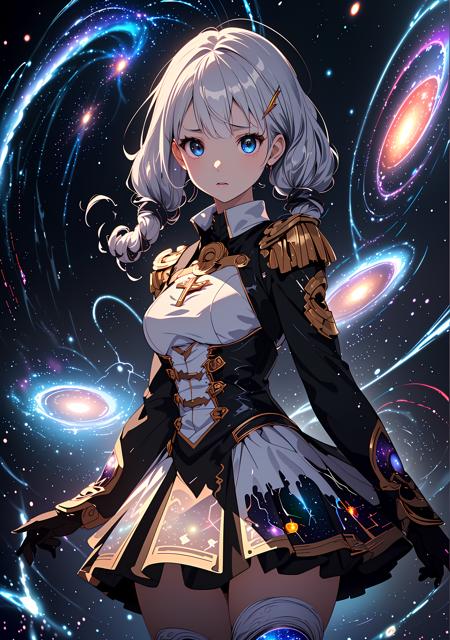 (Fantasy style), (anime), ((extremely detailed 8k illustration)), highres, (extremely detailed and beautiful), ultra detailed painting, professional illustrasion, Ultra-precise depiction, Ultra-detailed depiction, (beautiful and aesthetic:1.2), HDR, (depth of field:1.4), (young girl), (white,military costume,tight skirt), (highly detailed beautiful face and eyes, silver hair:1.5, twin tail:1.1, floating hair), (white tights up to the thighs), small stature, (small breasts), shiny skin, cute, Visual impact, (spooky:1.5), imagination, (glitch art:1.3), (revolve round:1.3), fluorescent, ( Fibonacci spiral :1.3), (galaxy:1.5), (extreme detailed effect:1.5), (Lightning and body Interweave:1.5), (milky way:1.3), (goddess:1.5),