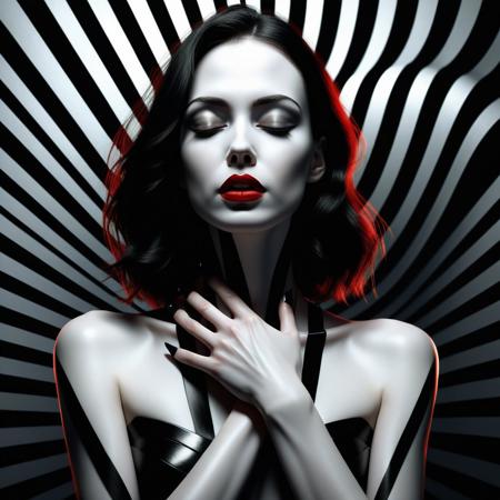 Digital art of a stylized woman with pale, almost metallic skin, red lips, and black nails. She stands against a striking black and white striped background, with her arms gracefully crossed over her chest. The composition has an abstract, surreal quality with high contrast and bold lines, creating a sense of depth and intensity. The woman's expression is serene, with closed eyes, adding an air of calm amidst the dynamic pattern.
BREAK
Dark theme, dynamic lighting, (soft shadows), (soft focus), (photo realistic), uhd, 8k