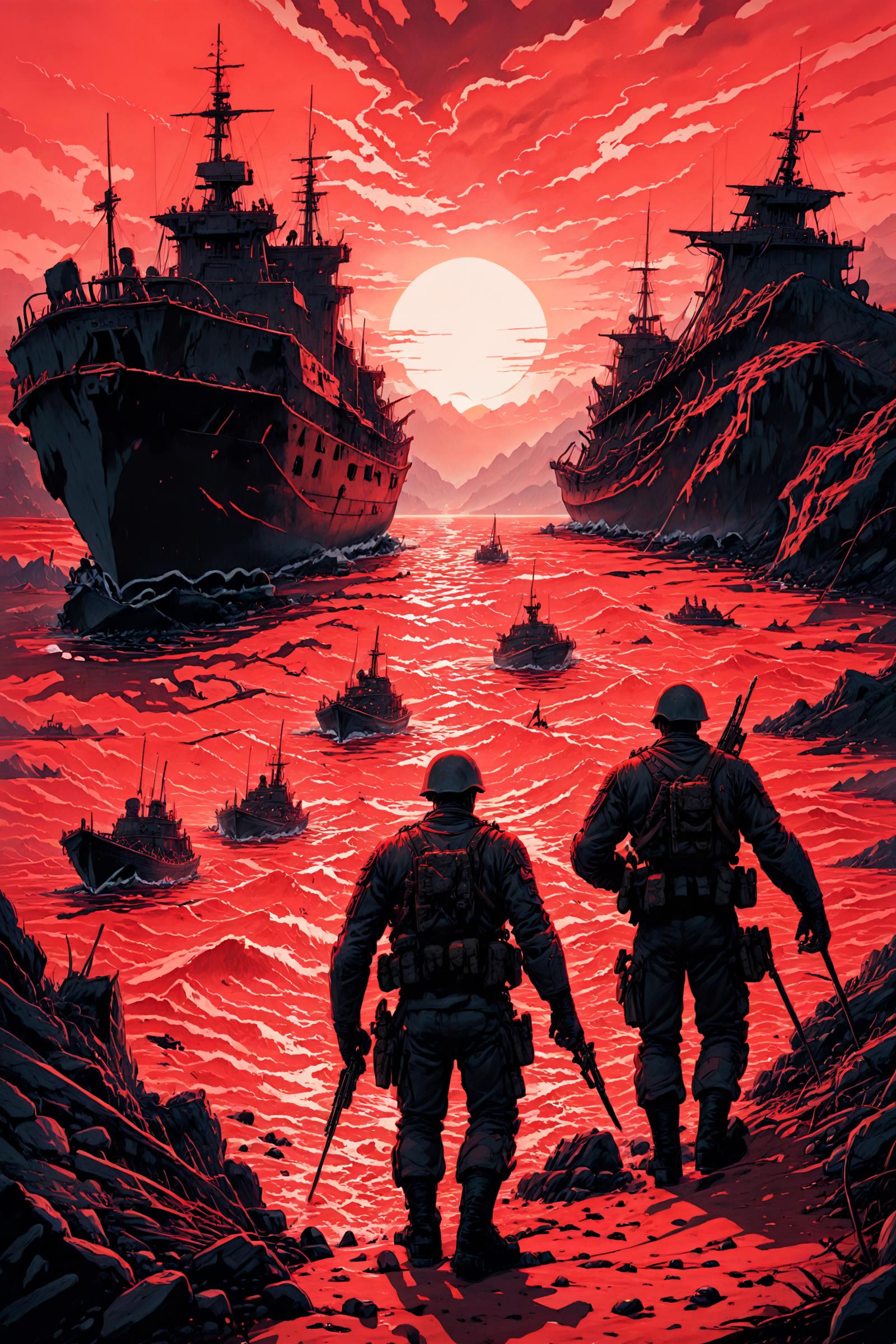 Two soldiers walking towards a massive warship at sunset.