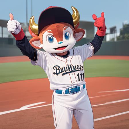 buffalo_bull, solo, male focus, 1boy, mascot, gloves, horns, baseball cap, blue eyes, baseball uniform, clothes writing, furry male, full body, open mouth, pointing, belt